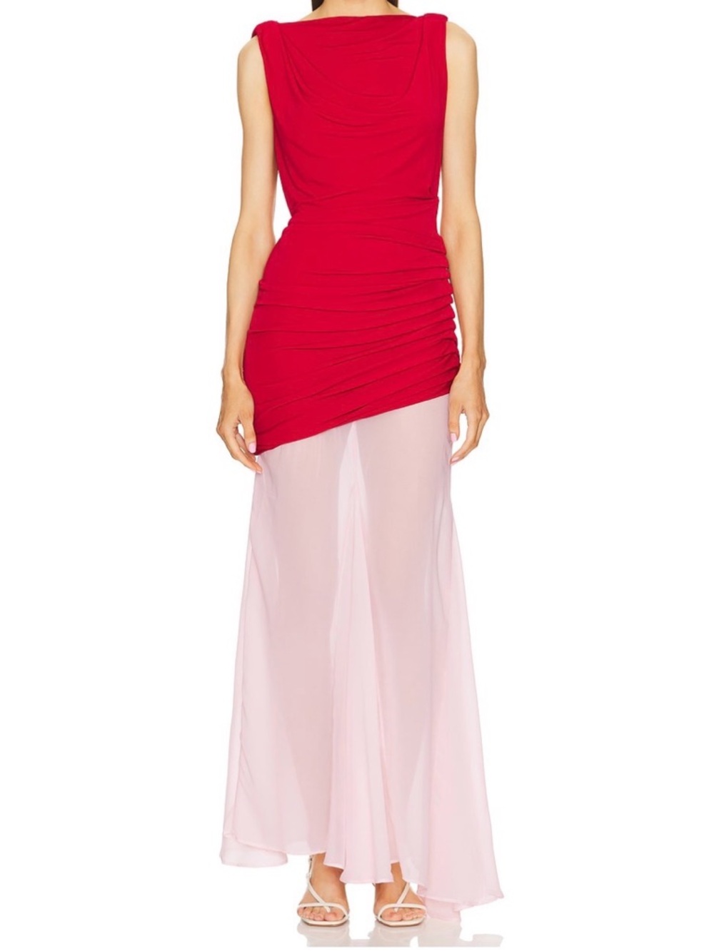 L'Academie Red and Light Pink Asymmetrical Draped Evening Gown